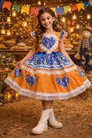 Vestido Infantil Junino Arraiá Laranja Colorido Luxo Festas