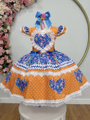 Vestido Infantil Junino Arraiá Laranja Colorido Luxo Festas