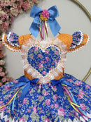 Vestido Infantil Junino Arraiá Laranja Colorido Luxo Festas