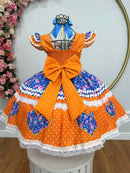Vestido Infantil Junino Arraiá Laranja Colorido Luxo Festas