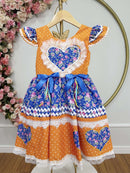 Vestido Infantil Junino Arraiá Laranja Colorido Luxo Festas