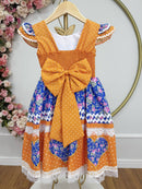 Vestido Infantil Junino Arraiá Laranja Colorido Luxo Festas