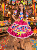 Vestido Infantil Junino Arraiá Pink Colorido Xadrez Laços