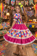 Vestido Infantil Junino Arraiá Pink Colorido Xadrez Laços