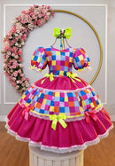 Vestido Infantil Junino Arraiá Pink Colorido Xadrez Laços