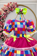 Vestido Infantil Junino Arraiá Pink Colorido Xadrez Laços