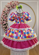 Vestido Infantil Junino Arraiá Pink Colorido Xadrez Laços