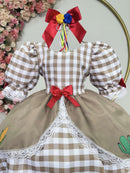 Vestido Infantil Junino Arraiá Caipira  Xadrez Marrom