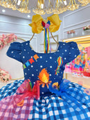 Vestido Infantil Junino Azul Xadrez Colorido Festa São João
