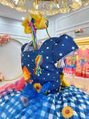 Vestido Infantil Junino Azul Xadrez Colorido Festa São João