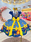 Vestido Infantil Junino Azul Xadrez Colorido Festa São João