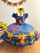 Vestido Infantil Junino Azul Xadrez Colorido Festa São João