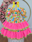 Vestido Infantil Junino Arraiá Colorido Girassol Luxo