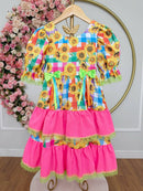 Vestido Infantil Junino Arraiá Colorido Girassol Luxo