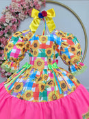 Vestido Infantil Junino Arraiá Colorido Girassol Luxo