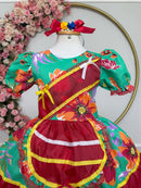 Vestido Infantil Junino Arraiá Verde e Vermelho