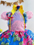 Vestido Infantil Junino Caipira Azul e Rosa Flores Coloridas
