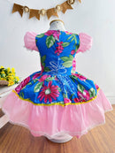 Vestido Infantil Junino Caipira Azul e Rosa Flores Coloridas