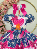 Vestido Infantil Junino Caipira Azul Marinho Colorido Florido