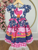 Vestido Infantil Junino Caipira Azul Marinho Colorido Florido