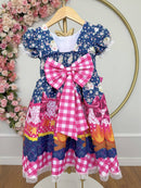 Vestido Infantil Junino Caipira Azul Marinho Colorido Florido