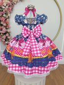 Vestido Infantil Junino Caipira Azul Marinho Colorido Florido