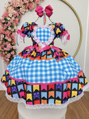 Vestido Infantil Junino Caipira Azul Xadrez Colorido Luxo