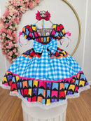 Vestido Infantil Junino Caipira Azul Xadrez Colorido Luxo
