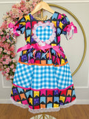 Vestido Infantil Junino Caipira Azul Xadrez Colorido Luxo