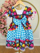 Vestido Infantil Junino Caipira Azul Xadrez Colorido Luxo
