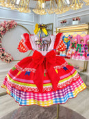 Vestido Infantil Junino Caipira Festas Vermelho Colorido Luxo