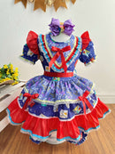 Vestido Infantil Junino Caipira Lilás Azul Colorido Estampado