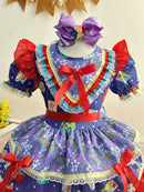 Vestido Infantil Junino Caipira Lilás Azul Colorido Estampado