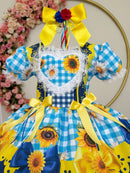 Vestido Infantil Junino Xadrez Caipira Azul Girassol Luxo