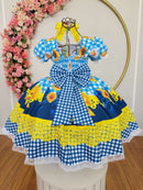 Vestido Infantil Junino Xadrez Caipira Azul Girassol Luxo