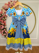Vestido Infantil Junino Xadrez Caipira Azul Girassol Luxo