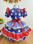Vestido Infantil Junino Caipira Lilás Azul Colorido Estampado