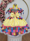 Vestido Infantil Junino Caipira Xadrez Colorido Coração Luxo