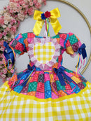 Vestido Infantil Junino Caipira Xadrez Colorido Coração Luxo
