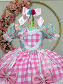 Vestido Infantil Junino Caipira Verde Florido Xadrez Luxo