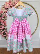 Vestido Infantil Junino Caipira Verde Florido Xadrez Luxo