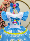 Vestido Infantil Junino Festas Azul Coração Colorido