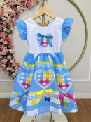Vestido Infantil Junino Festas Azul Coração Colorido