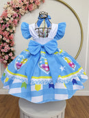Vestido Infantil Junino Festas Azul Coração Colorido