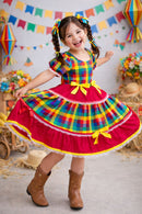 Vestido Infantil Junino Caipira Vermelho Xadrez Colorido Laços