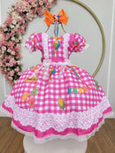 Vestido Infantil Junino Caipira Xadrez Rosa Chiclete Luxo