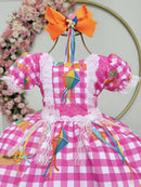 Vestido Infantil Junino Caipira Xadrez Rosa Chiclete Luxo