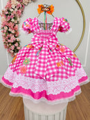 Vestido Infantil Junino Caipira Xadrez Rosa Chiclete Luxo