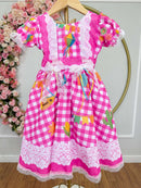 Vestido Infantil Junino Caipira Xadrez Rosa Chiclete Luxo