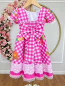 Vestido Infantil Junino Caipira Xadrez Rosa Chiclete Luxo